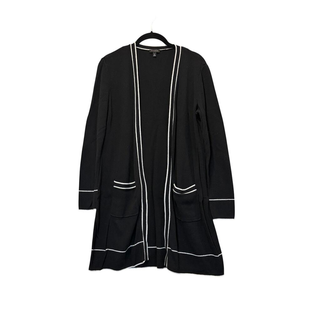 Talbots Black Long Cardigan Women M Academic Professional Contrast Trim Pockets